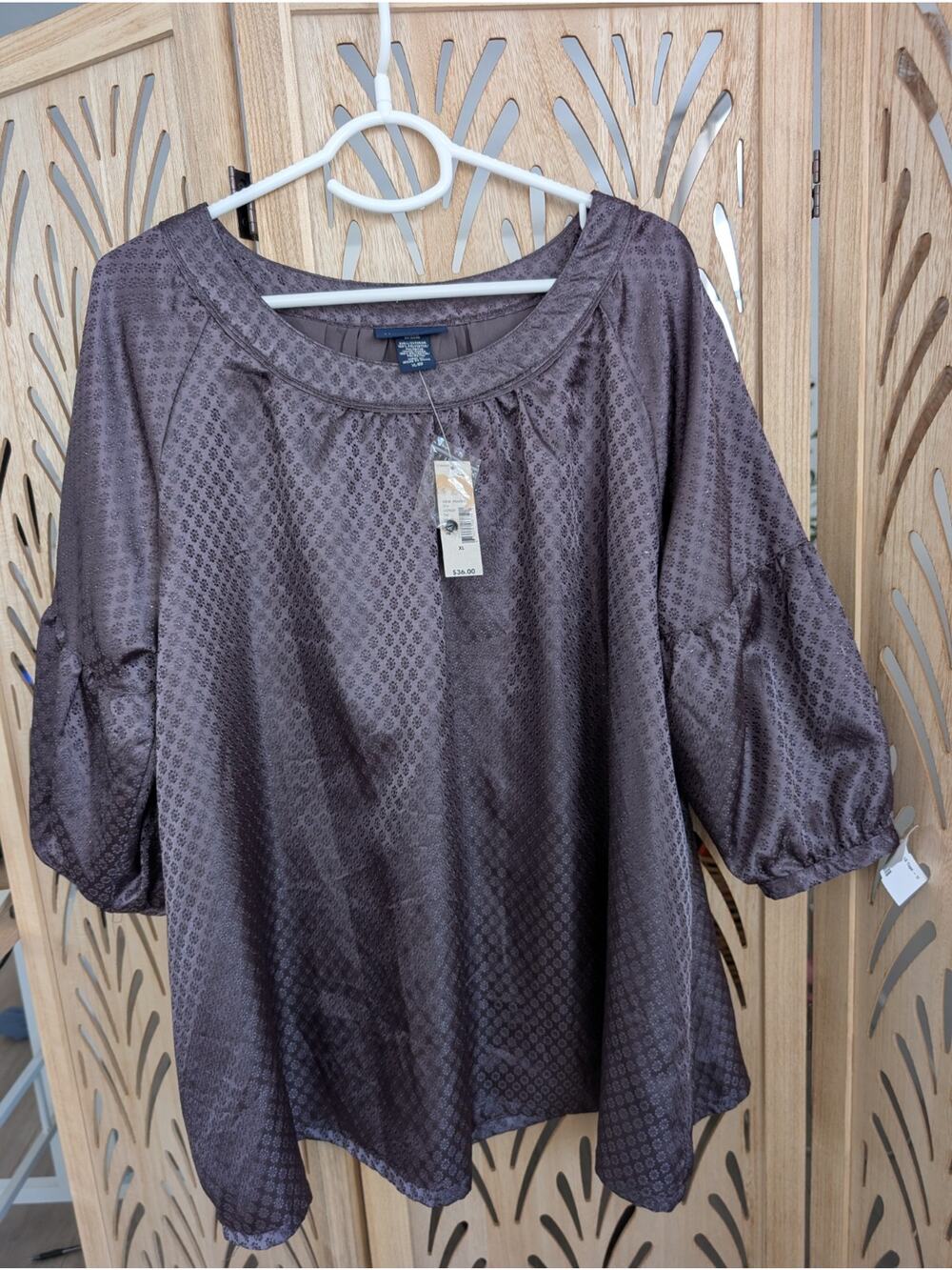 New Additions Maternity Floral Jacquard Balloon Sleeve charcoal gray Blouse XL